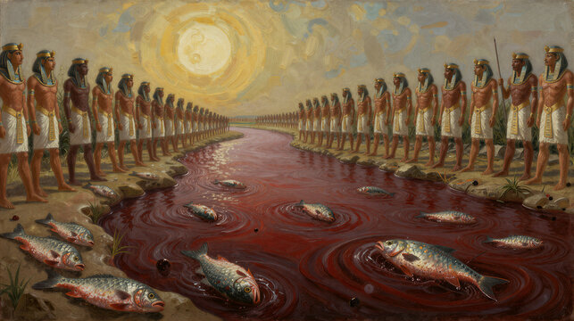 The Nile Turns to Blood: An oil painting of the Ten Plagues of Egypt with a crimson river, fish, and Egyptian onlookers along the banks