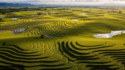 Aerial view of lush green terraced agricultural fields forming intricate patterns under a clear sky, showcasing sustainable farming landscapes and natural beauty