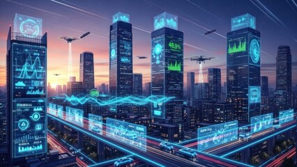 Futuristic Smart City Skyline Illuminated with Intricate Digital Interfaces and Dynamic Data Visualizations, Symbolizing Advanced Technology and Global Connectivity in an Urban Landscape