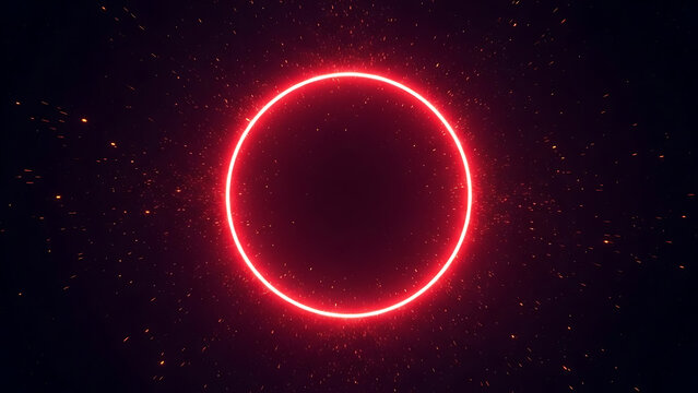 Glowing red neon circle on dark background with starry night sky symbolizing energy and technology in space