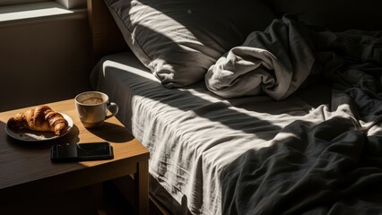 Calm slow morning lifestyle is shown with messy bed breakfast bread and warm light