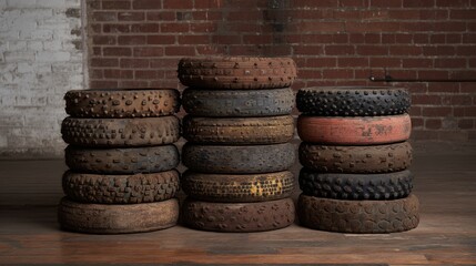 Studded Bike Tires concept. Stacked used tires against a brick wall background.