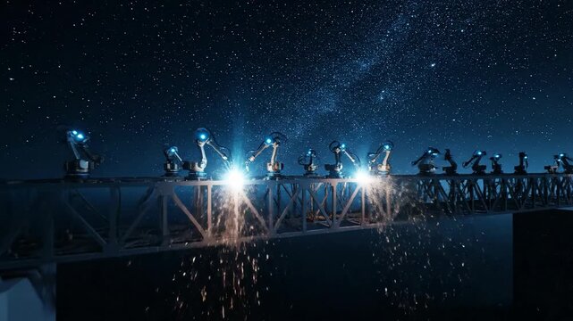 Row of robotic arms welding construction with bright sparks against starry night sky, futuristic technology and automation concept.