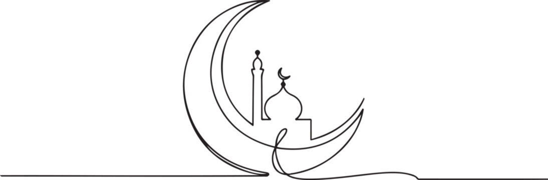 Continuous one line drawing of moon and mosque. Islamic new year concept. Muharram line art vector minimalist design. one line Art icon drawing vector