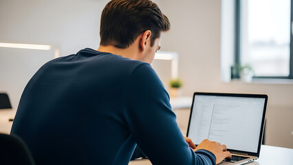Focused Employee Working on Laptop from Rear View