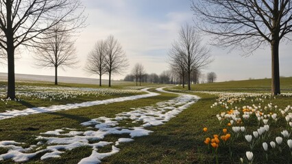 Obraz premium Soft morning sun lights early spring landscape with melting snow and fresh air
