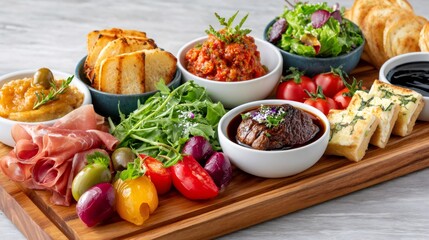 Assortment of gourmet appetizers and snacks on a wooden board