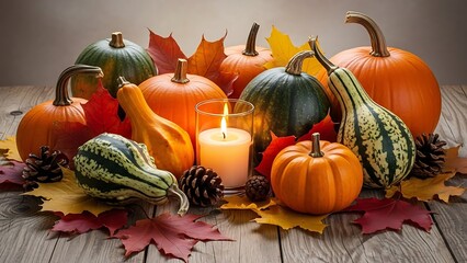 Autumnal centerpiece with pumpkins and candles