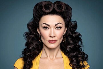 Fototapeta premium Woman in yellow top and vintage hairstyle poses
