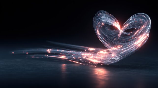 Heart made of glowing particles or soft glowing rays floating on deep black background, minimalist concept