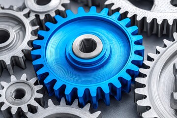 Blue gear standing out among metal cogs