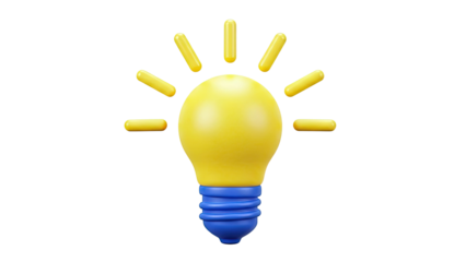 3D Yellow Light Bulb Icon with Blue Base and Rays