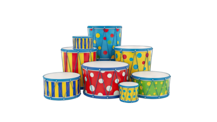 Collection of colorful toy drums with various patterns