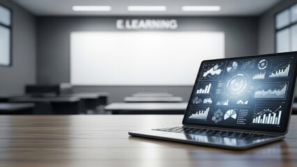 Modern laptop with data analytics charts on desk in e-learning classroom blurred background