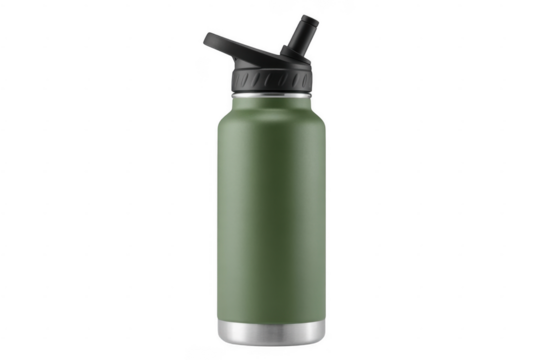 Green water bottle metal silver base black lid isolated on a transparent background - Powered by Adobe