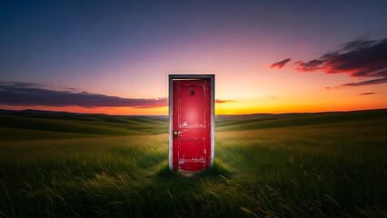 Red door in open field at sunset