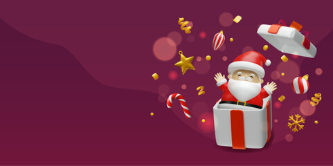Minimal Christmas banner featuring Santa Claus joyfully popping out of a gift box with decorations on a burgundy background. Holiday promotions, sales, email headers, website banners, greeting cards