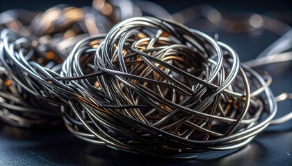 Intricate mass of tangled metallic wires in close-up macro detail