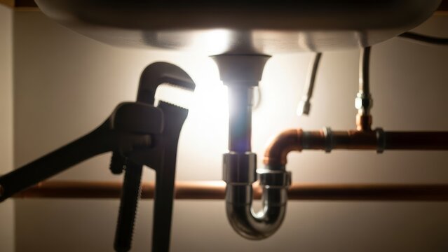 Sink plumbing repair with wrench blurred background professional maintenance - Powered by Adobe