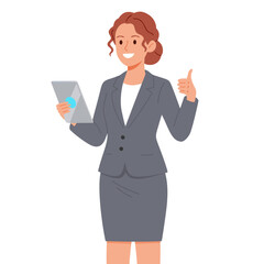 Professional female character. Woman businessperson standing with tablet in hands. Smiling dressed in casual business suit. 
