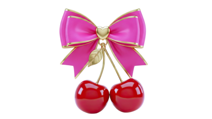 Pink Bow with Cherries and Gold Accents