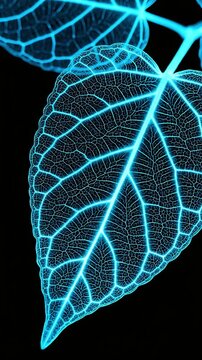 A close-up view of an intricate leaf skeleton glowing with bright blue light against a dark background.