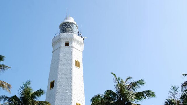 View of the white, tall lighthouse on the southern tip of the island of Sri Lanka. The lighthouse is surrounded by lush coconut trees.