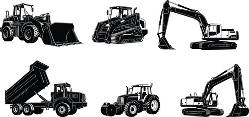 Set of Six Heavy Machinery Silhouettes for Construction and Agriculture, Isolated Industrial Equipment Icons Featuring Loaders, Excavators, Tractor, and Dump Truck © Amina