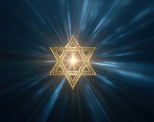 High quality photo of Golden Star of David with central glowing light and radial blue rays