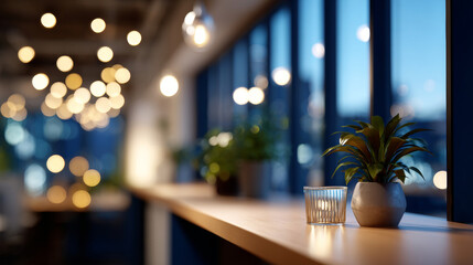 Modern interior with decorative plant and candle on wooden surface near large with blurred city lights