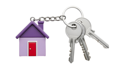 Purple house keychain with three keys on black background