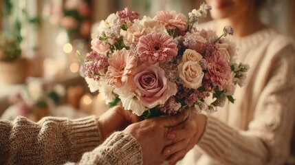 A man presents a woman with a bouquet of bright flowers, dramatic black background, strong emphasis on the colorful bouquet, faces partially hidden or out of focus, elegant minimalist composition