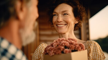 A man presents a woman with a bouquet of bright flowers, dramatic black background, strong emphasis on the colorful bouquet, faces partially hidden or out of focus, elegant minimalist composition