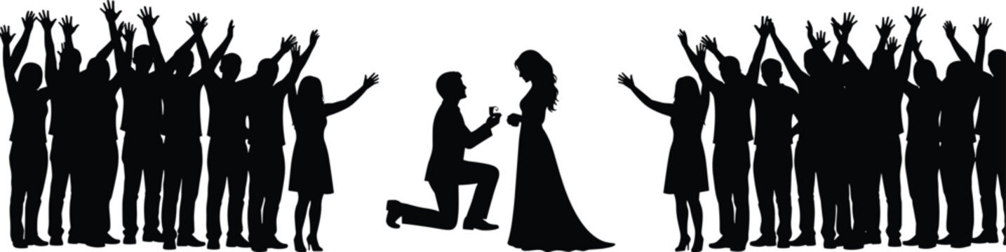 Silhouette of person proposing with ring to partner in dress, surrounded by cheering crowd celebrating romantic engagement moment