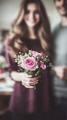 A man presents a woman with a bouquet of bright flowers, dramatic black background, strong emphasis on the colorful bouquet, faces partially hidden or out of focus, elegant minimalist composition