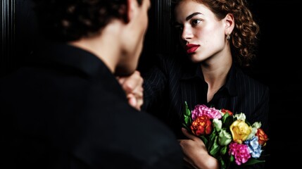 A man presents a woman with a bouquet of bright flowers, dramatic black background, strong emphasis on the colorful bouquet, faces partially hidden or out of focus, elegant minimalist composition