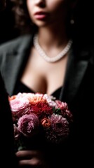 A man presents a woman with a bouquet of bright flowers, dramatic black background, strong emphasis on the colorful bouquet, faces partially hidden or out of focus, elegant minimalist composition