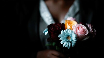 A man presents a woman with a bouquet of bright flowers, dramatic black background, strong emphasis on the colorful bouquet, faces partially hidden or out of focus, elegant minimalist composition
