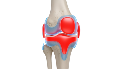 Detailed 3 D of a human knee joint with red cartilage and ligaments