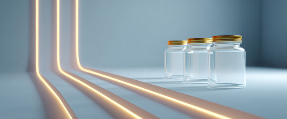 Three empty glass jars with golden lids aligned on a smooth surface beside glowing curved light strips in a minimalist modern setting