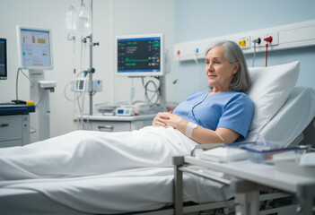 Elderly woman resting in a medical bed with monitoring equipment