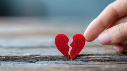 Fototapeta premium Small broken red heart being touched by a finger on a wooden surface, symbolizing love and heartbreak in a conceptual image with copy space