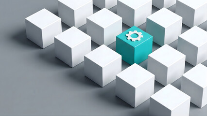 Obraz premium Business automation and unique solution concept. A teal cube with a white gear icon stands out among a grid of white blocks, representing optimized processes, strategy, and technical innovation.