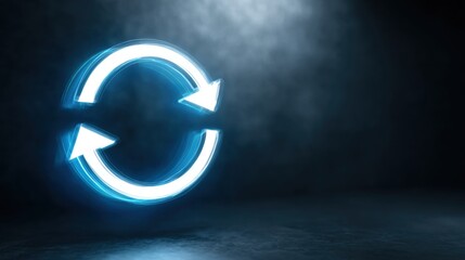 Abstract refresh update symbol glowing in blue light against a dark background, representing technology and digital innovation with copy space