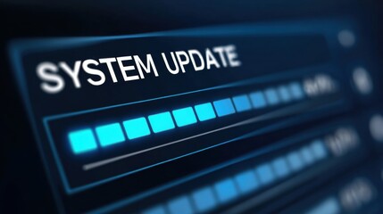 Digital display showing system update progress with blue loading bar and text indicating ongoing software installation in high fidelity resolution