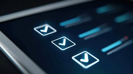 Minimalist system update checklist displayed on a tablet screen with illuminated checkmarks and progress indicators for user interface design