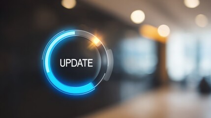 System update progress indicator with circular design and blue accents displayed in a modern interior setting with blurred background elements