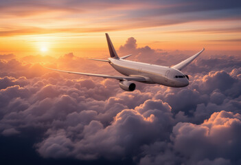 Obraz premium Commercial jet airplane soaring through sunlit clouds at sunset