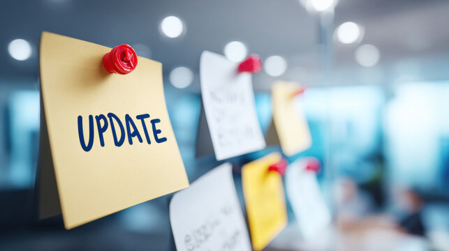 Handwritten update message on a sticky note attached to a glass board in an office setting with blurred background elements and bright lighting