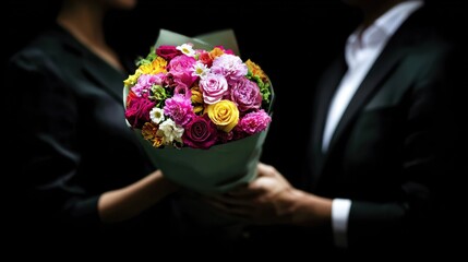 A man presents a woman with a bouquet of bright flowers, dramatic black background, strong emphasis on the colorful bouquet, faces partially hidden or out of focus, elegant minimalist composition